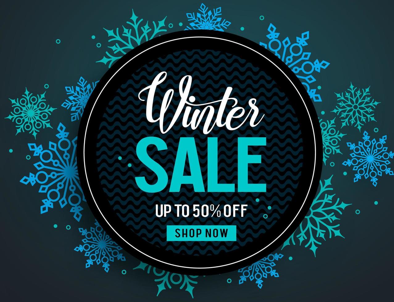 Winter snow vector background with white snowflakes elements falling and empty space for text in blue background. Vector illustration.