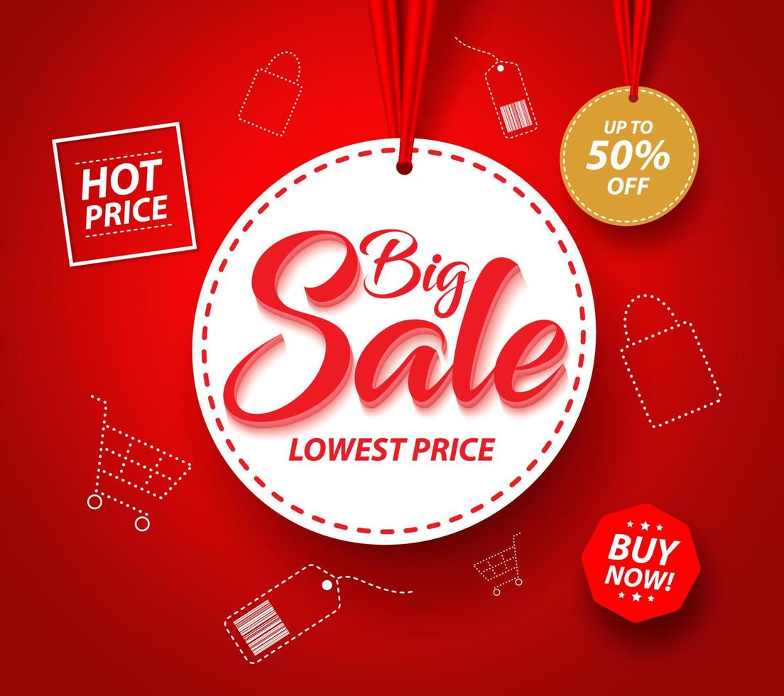 Big Sale Banner with Hanging Circle White Tag Price and Icons for Promotions in Red Background. Vector Illustration.