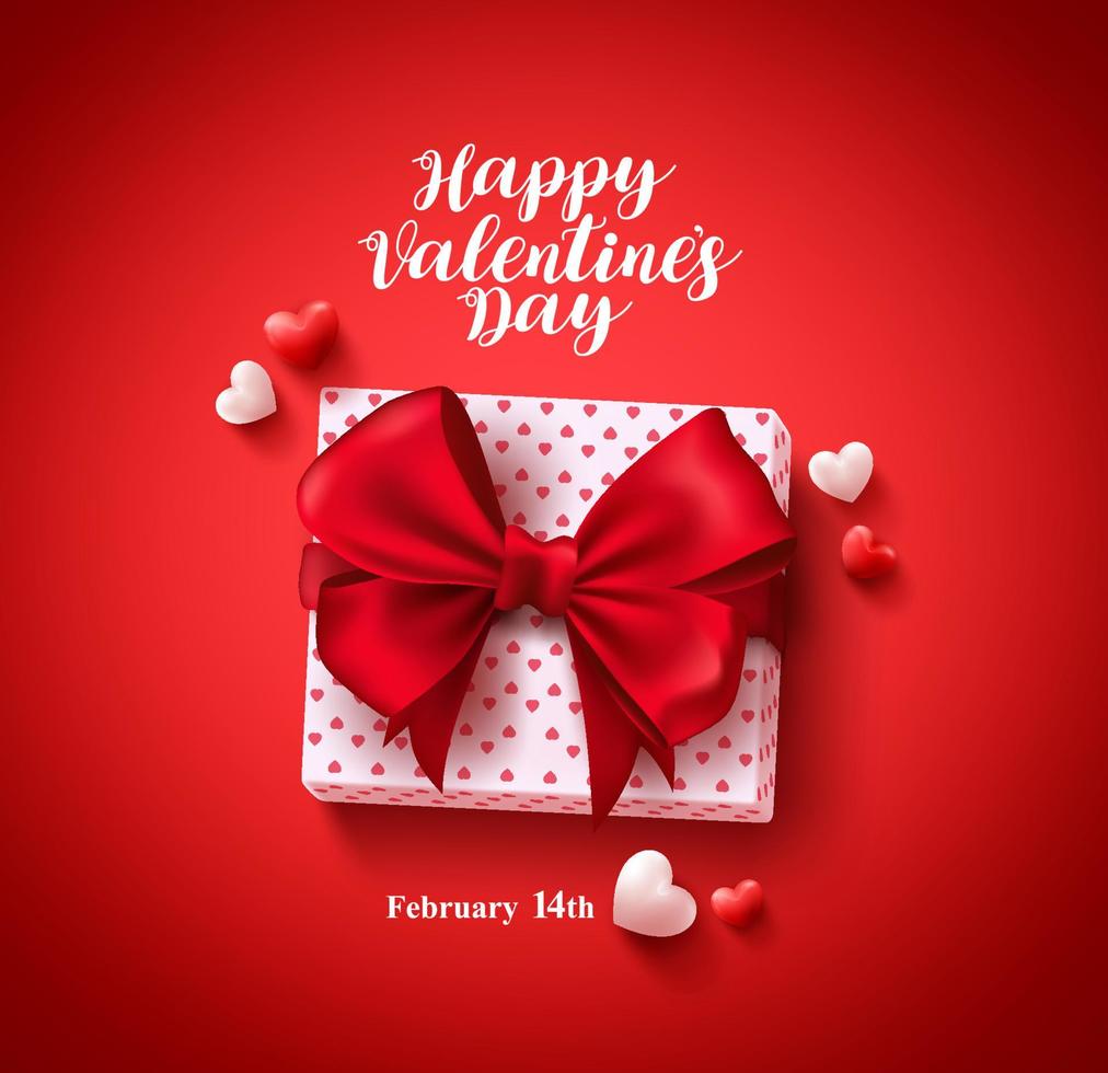 Feliz día de San Valentín diseño de banner de vector de tarjeta de felicitación de texto con elementos de regalo de amor, lazo y corazones en fondo rojo para la celebración del día de San Valentín. ilustración vectorial.