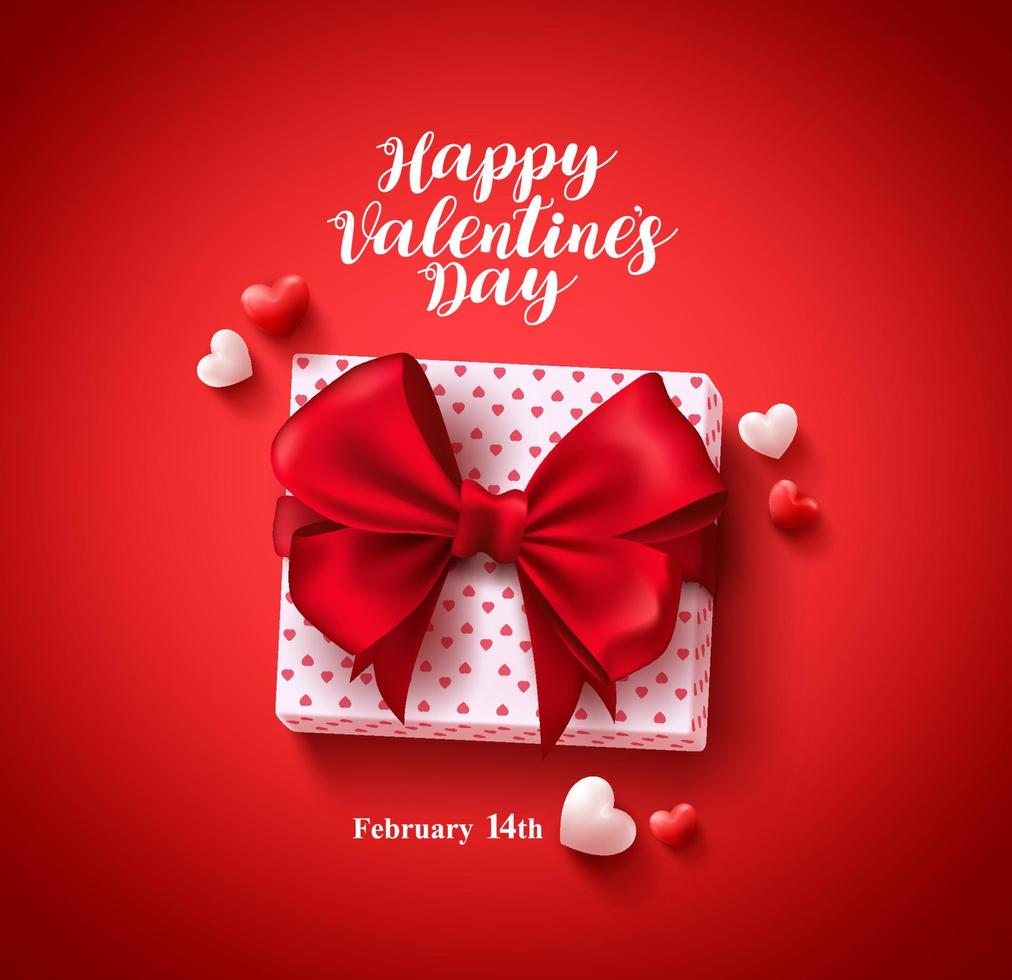 Happy valentines day text greeting card vector banner design with love gift, lasso and hearts elements in red background for valentines day celebration. Vector illustration.