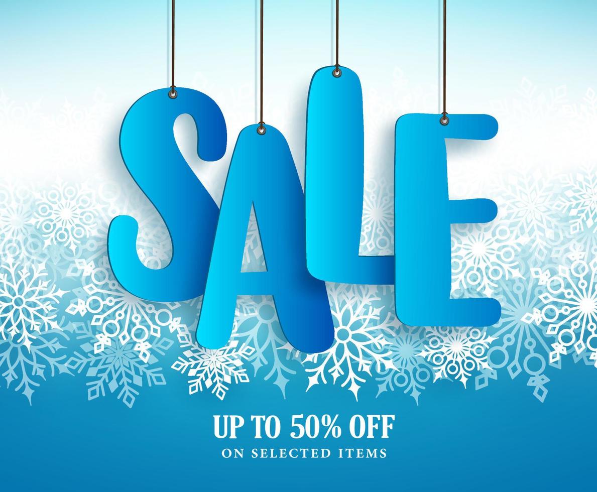 Winter sale vector banner design with hanging sale text in white winter snowflakes in blue background for retail marketing promotion. Vector illustration.