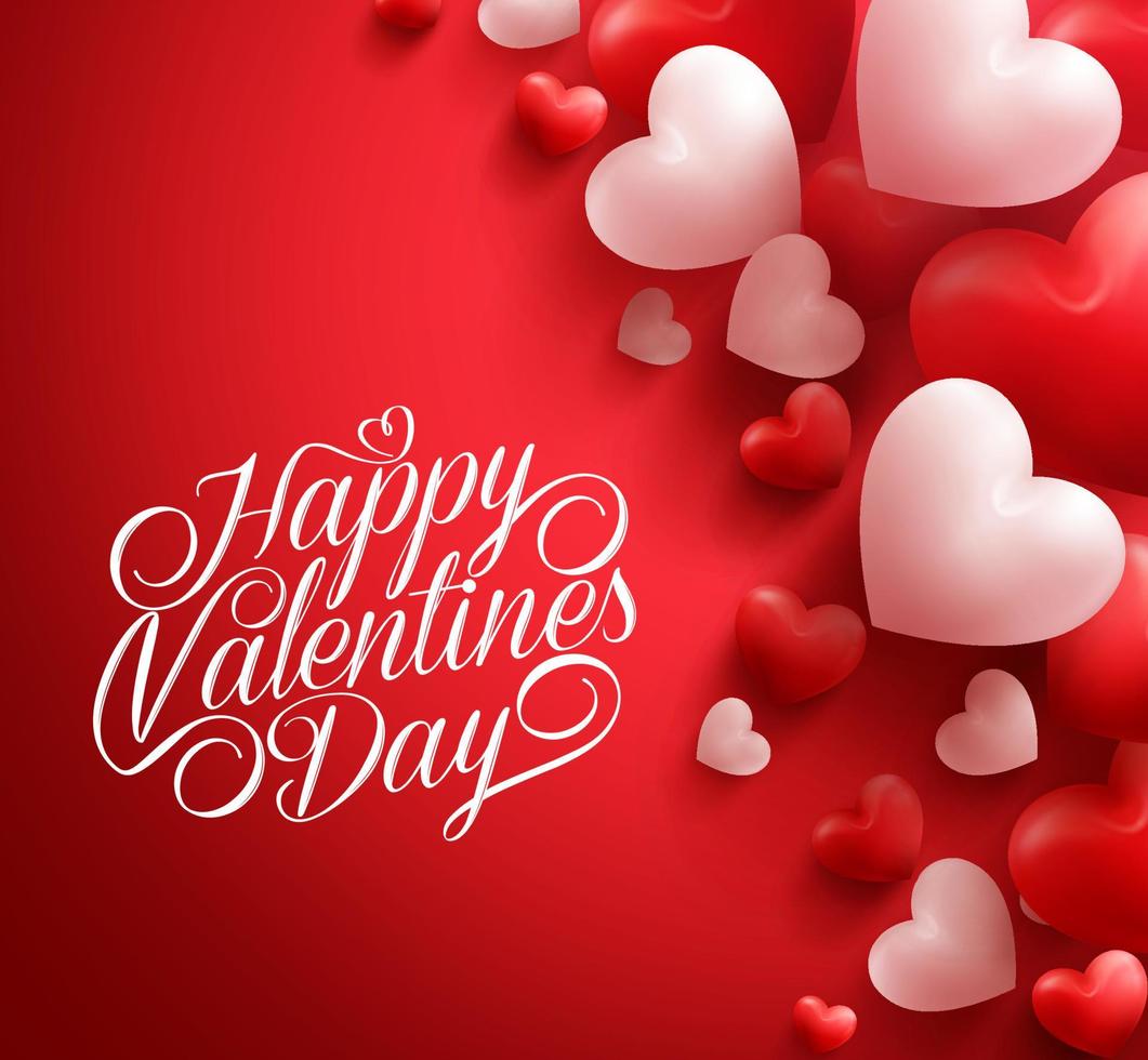 Corazones de San Valentín suaves y lisos coloridos 3d realistas en fondo rojo flotando con saludos felices del día de San Valentín. ilustración vectorial vector