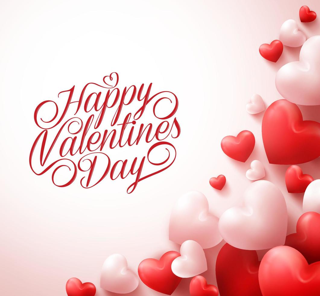 Happy Valentines Day Greetings with 3D Realistic Red Hearts and Typography Text in White Background. Vector Illustration