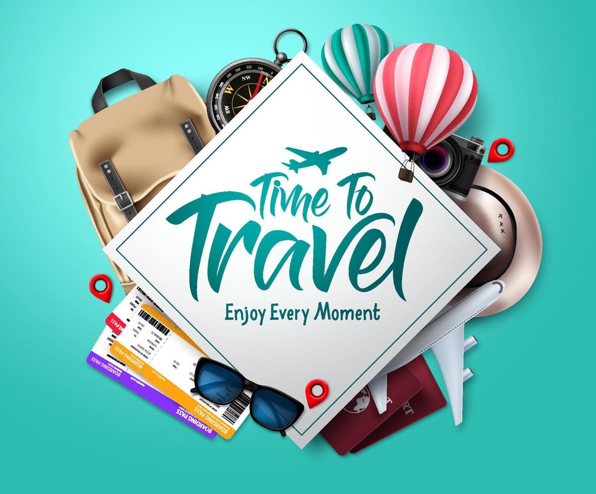 Travel time vector template design. Time to travel text in empty space frame with traveler elements for international trip and vacation. Vector illustration