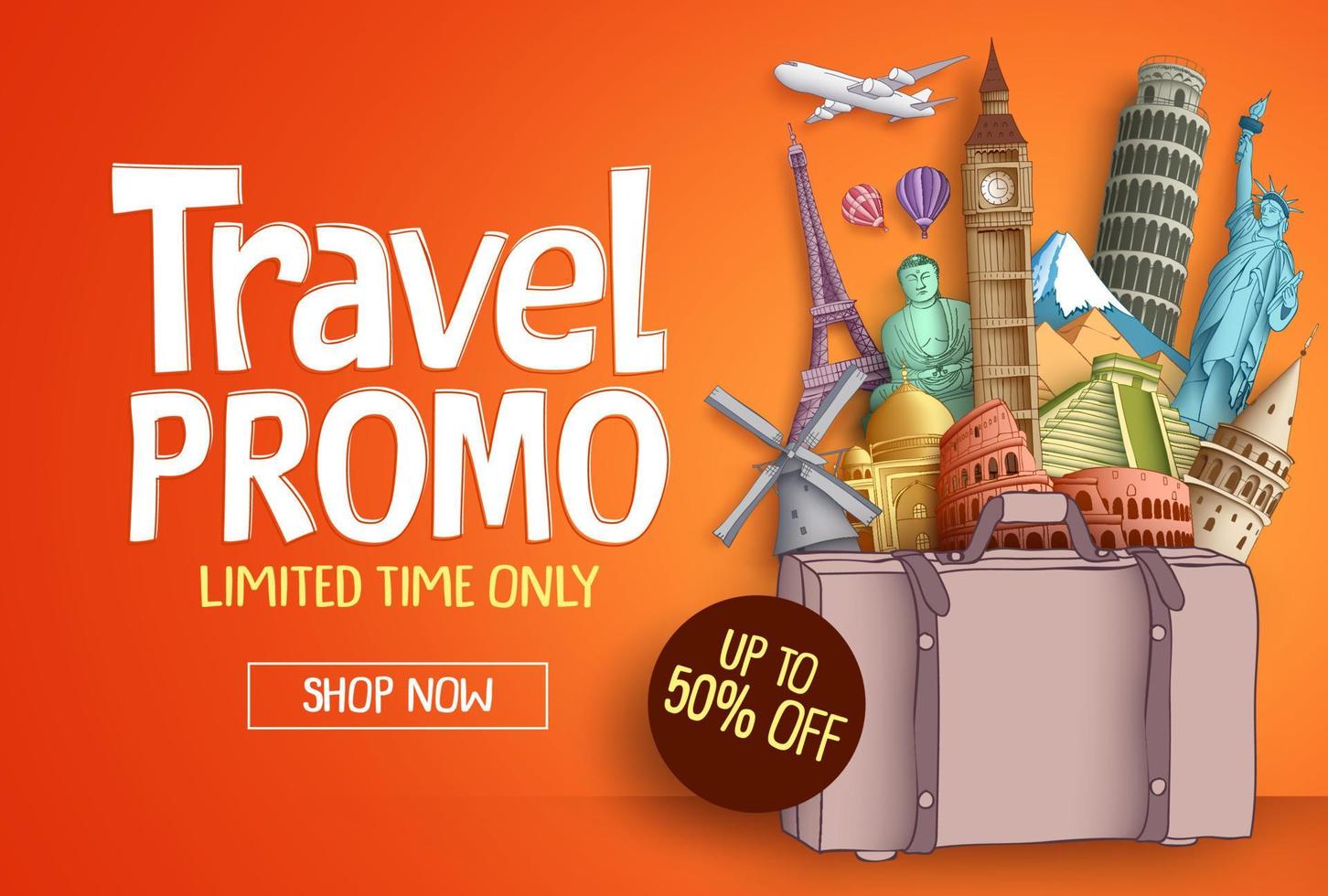 Travel promo vector banner template with world's famous tourist landmarks, baggage elements and discount text for travel agency. Vector illustration.