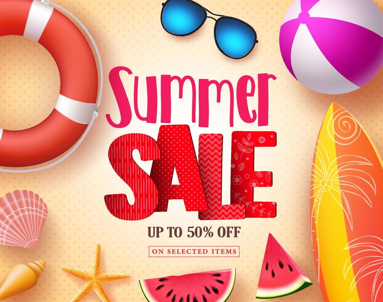 Summer sale vector banner design with red 3D sale text and colorful beach elements in yellow pattern background for summer seasonal discount promotion. Vector illustration.