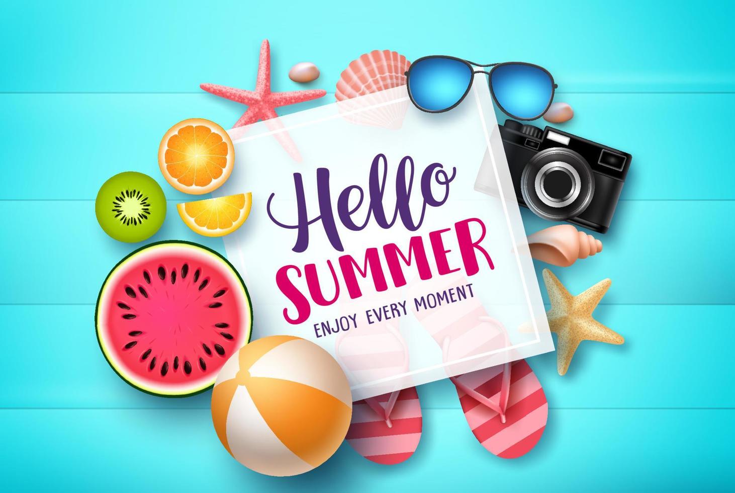 Hello summer vector banner template. Hello summer text in white space boarder with colorful beach elements like tropical fruits a beach ball in blue wood textured background. Vector illustration.
