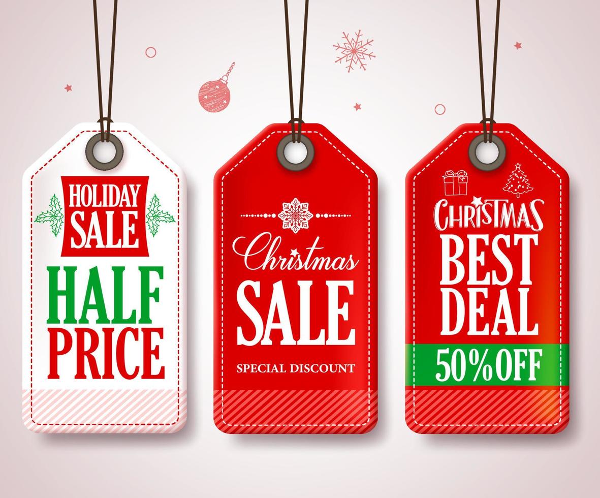 etiquetas de rebajas navideñas para promociones de tiendas de temporada navideña colgadas con colores rojo y blanco. ilustración vectorial. vector