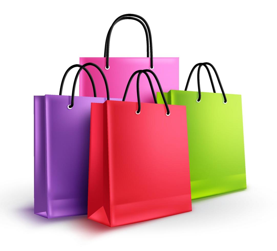 Shopping bags group vector concept. Empty paper bags with assorted colors for fashion and store design elements isolated in white background.