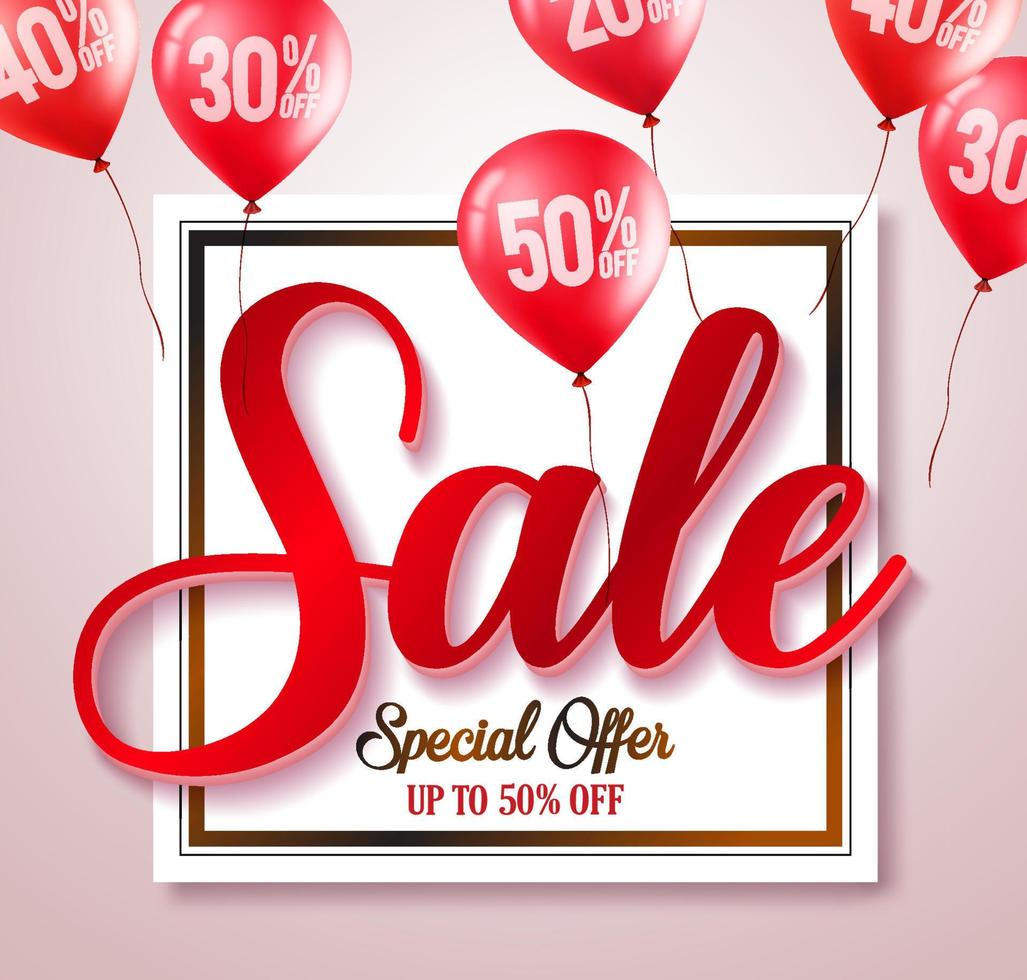 Sale text typography vector banner with percent written in red balloons element in a white background for store marketing promotions. Vector illustration.