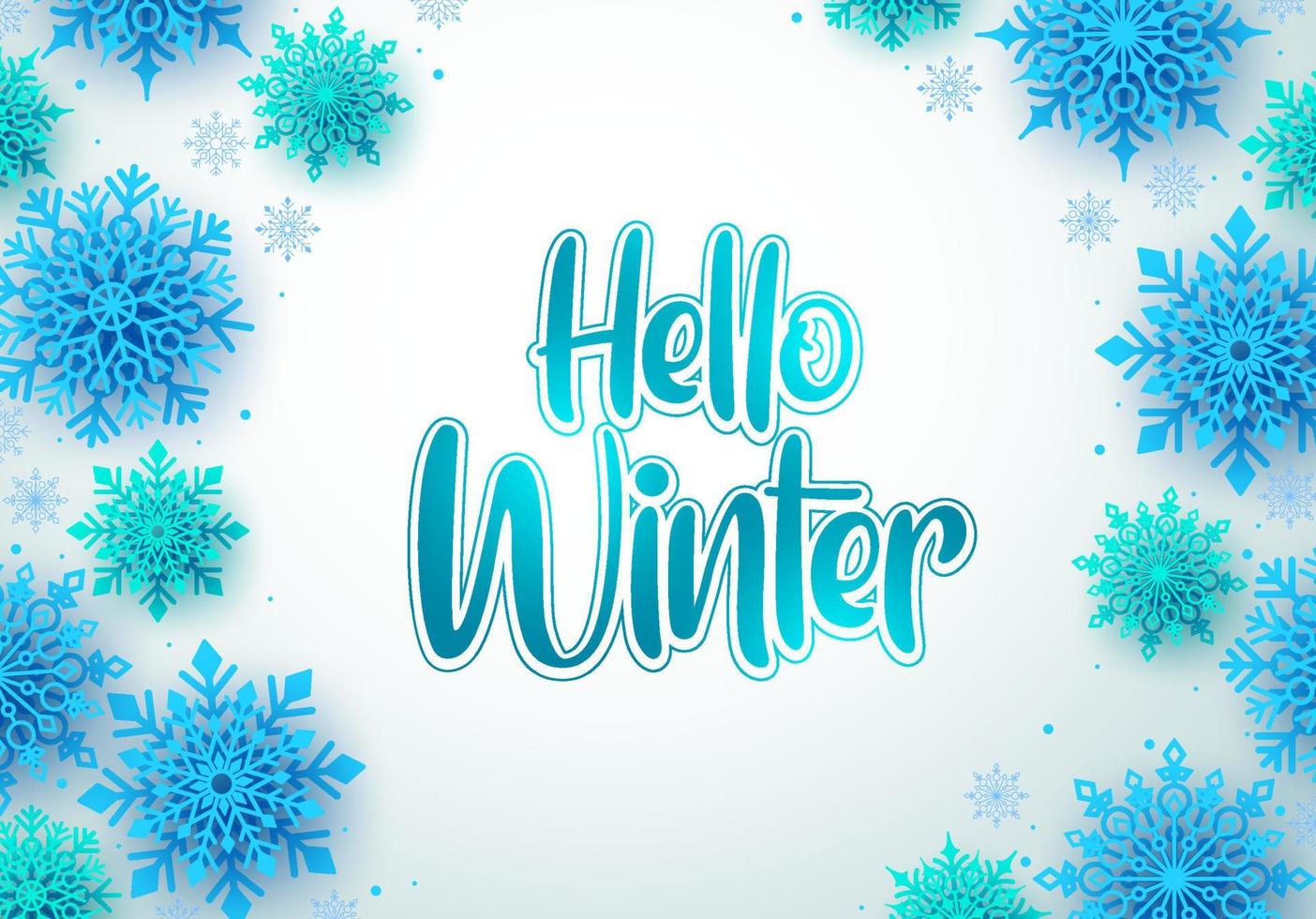 Hola fondo de tarjeta de felicitación de vector de invierno. hola texto de invierno y copos de nieve en un espacio en blanco vacío para el mensaje. ilustración vectorial.