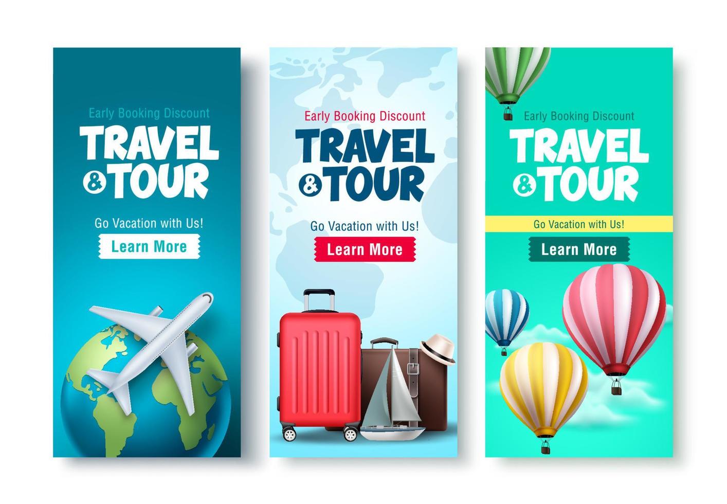 Travel and tour poster set vector background design. Travel and tour early booking discount with traveling  elements for tourism online promotional purposes. Vector illustration.