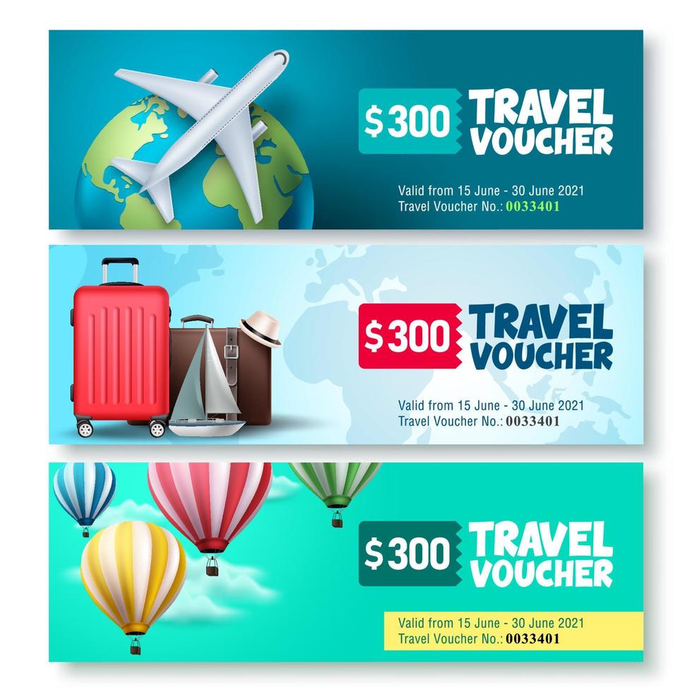 Travel voucher template vector set. Travel and tour gift voucher collection promo with travel elements and travel text for promotions. Vector illustration.