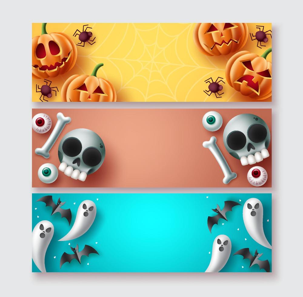 banner de halloween set diseño vectorial. colección de fondo de halloween con elementos de personajes de mascotas lindas con espacio de copia para texto tipográfico. ilustración vectorial. vector