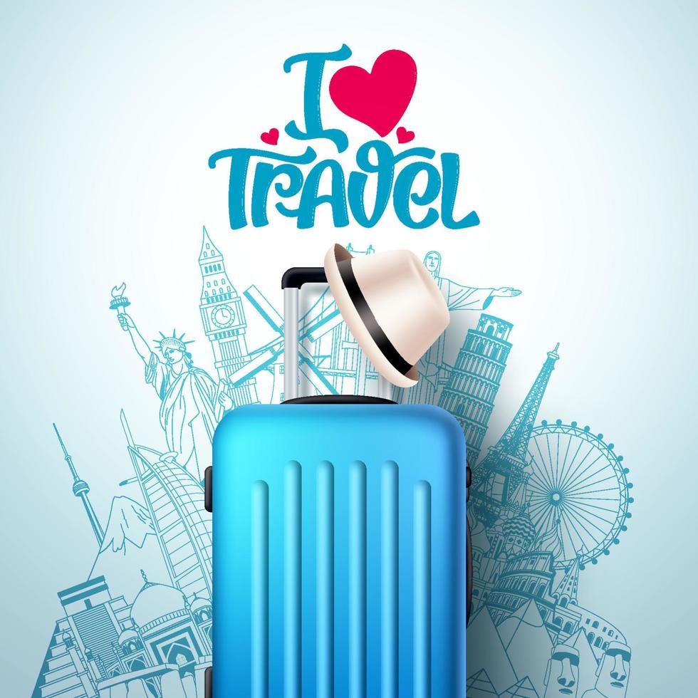 Me encanta el diseño de banners vectoriales de viajes. Me encantan los mensajes de texto de viajes y los lugares de interés mundialmente famosos y el destino con una bolsa de equipaje de viaje para las vacaciones. ilustración vectorial vector