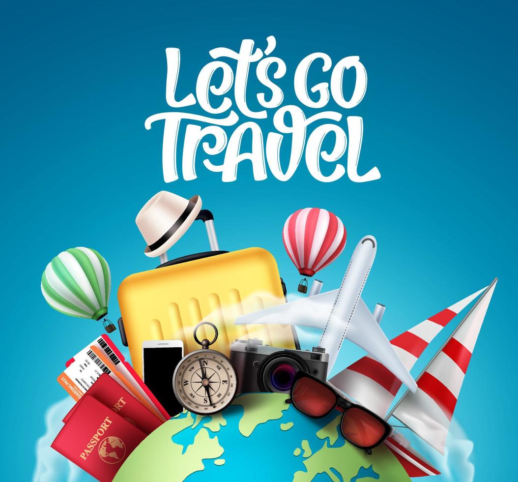 vamos a viajar diseño de banner de vector. elementos de viaje y recorrido en fondo de globo azul con pasaporte de viajero, bolsa de equipaje, brújula, cámara y globos de aire. vector