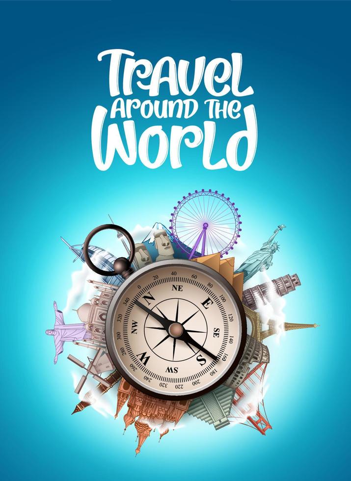 Travel around the world vector design. Travel the world famous landmarks and tourist destination with compass element for travel vacation and tour trip navigation. Vector illustration.