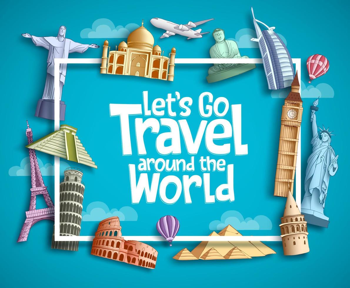 Travel and tourism vector banner design with boarder frame, travel text and  famous landmarks and tourist destination elements in blue background.  Vector illustration. 4929053 Vector Art at Vecteezy