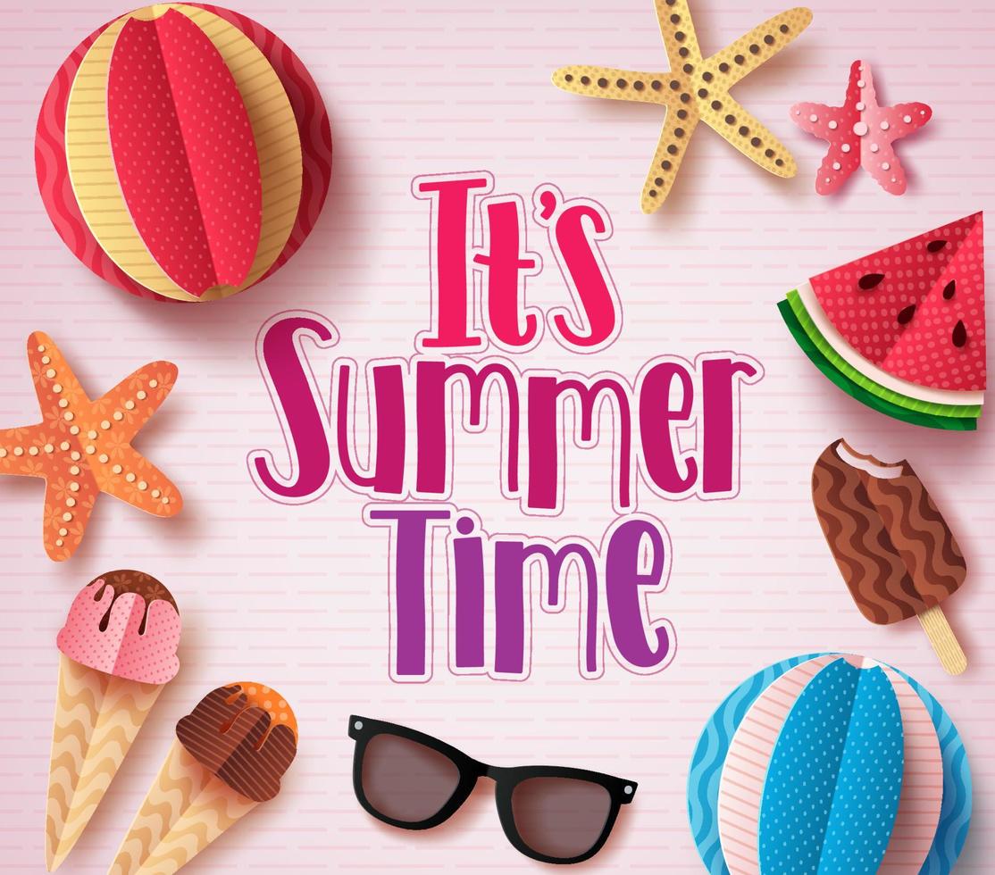 It's summer time vector background design with colorful text and paper cut beach elements in white paper pattern for summer season. Vector illustration.