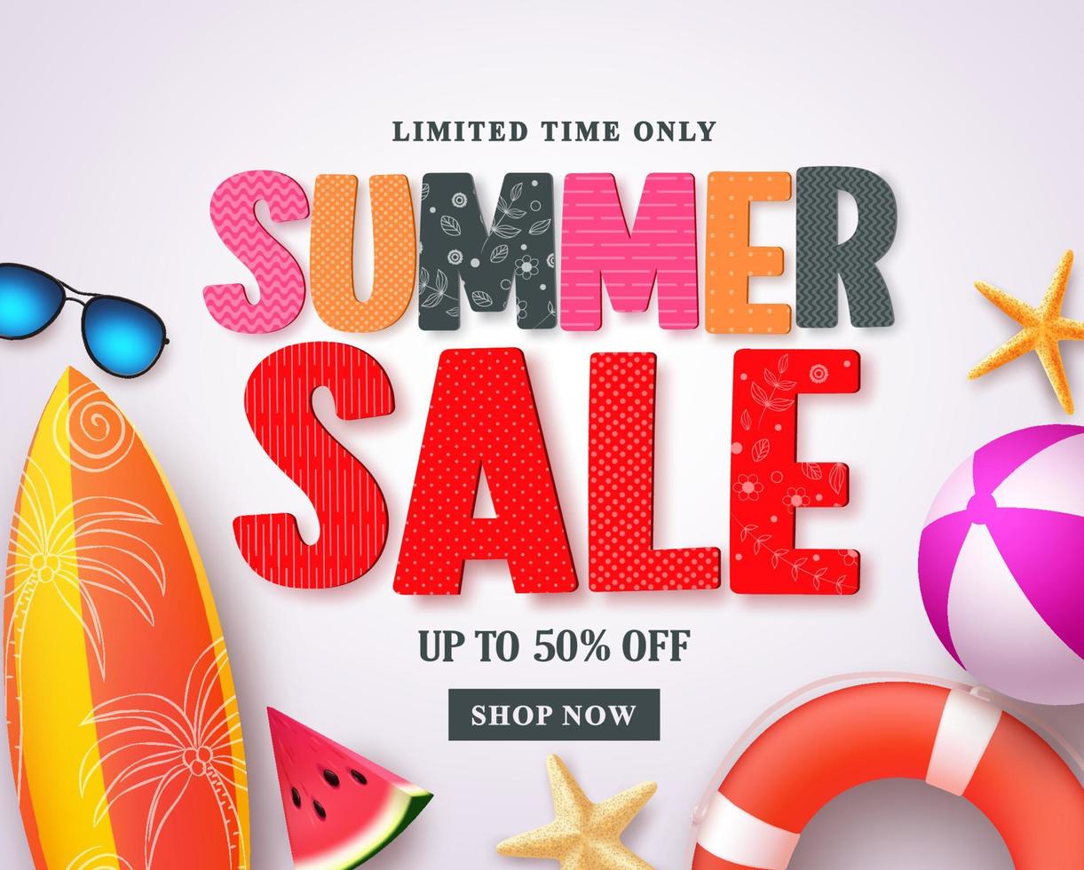 Summer sale vector banner design template with red sale text and colorful beach elements in white pattern background for summer holiday discount promotion. Vector illustration.