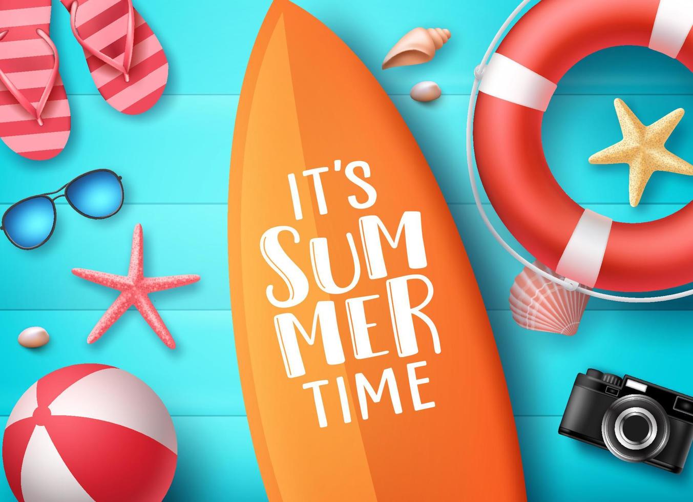 It's summer time vector design concept. Summer text in surfboard with beach elements like lifebuoy, seashells and palm leaves in blue wooden textured background. Vector illustration.