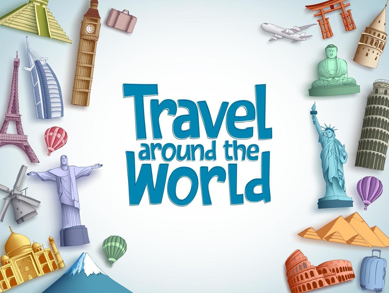 Travel and tour vector background template with travel around the world text and famous tourist destinations and landmarks elements in white background. Vector illustration.