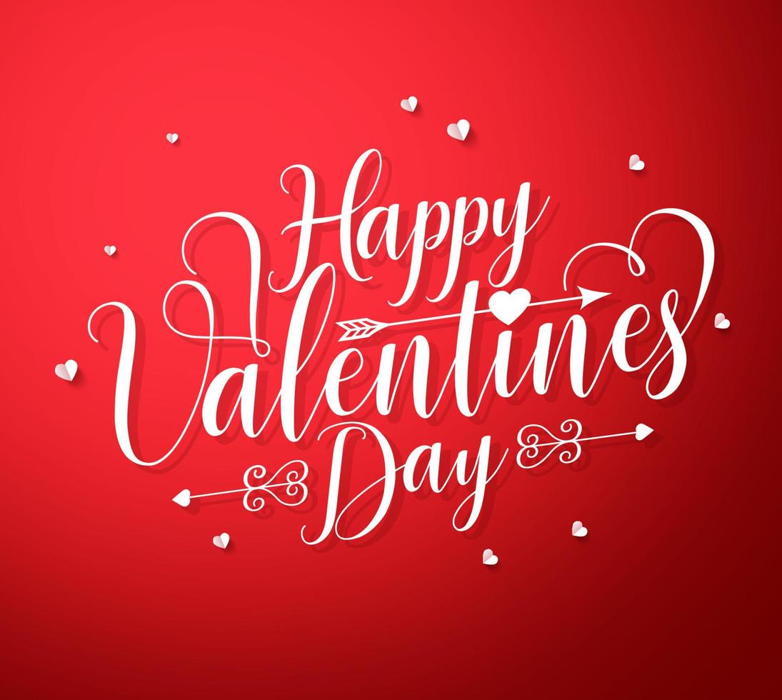 Happy valentines day vector text typography with paper cut white hearts shapes elements in red background. Vector illustration.