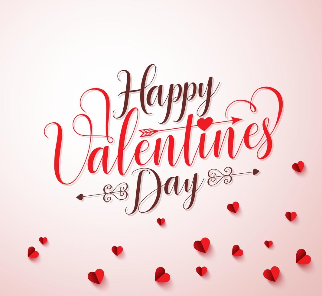 Happy valentines day vector typography or calligraphy with paper cut red hearts elements in white background. Vector illustration.