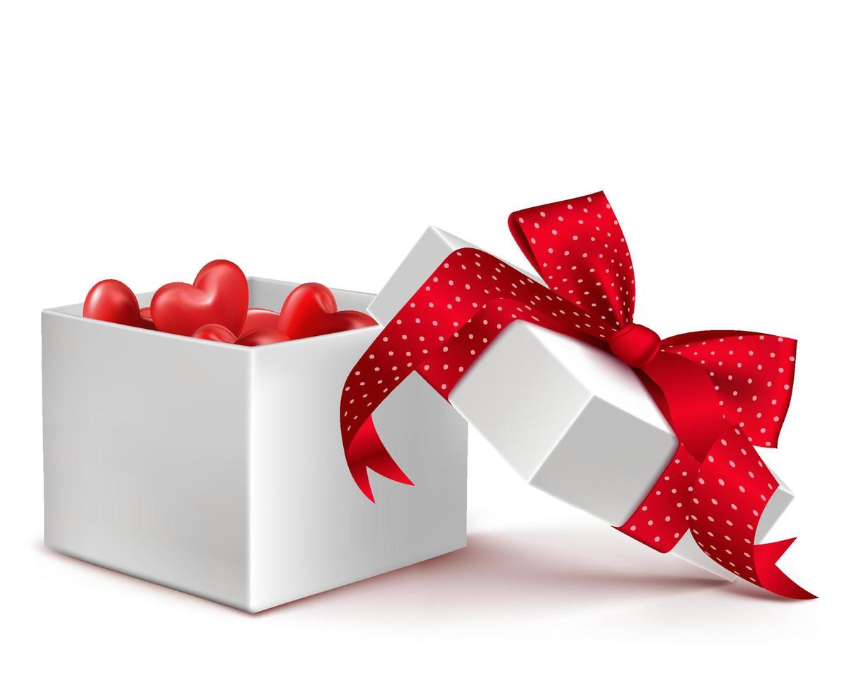 Realistic 3D White Gift Box with Balloon Hearts Inside Wrap in Red Ribbon for Romantic Valentines Day and Offerings. Isolated Vector Illustration