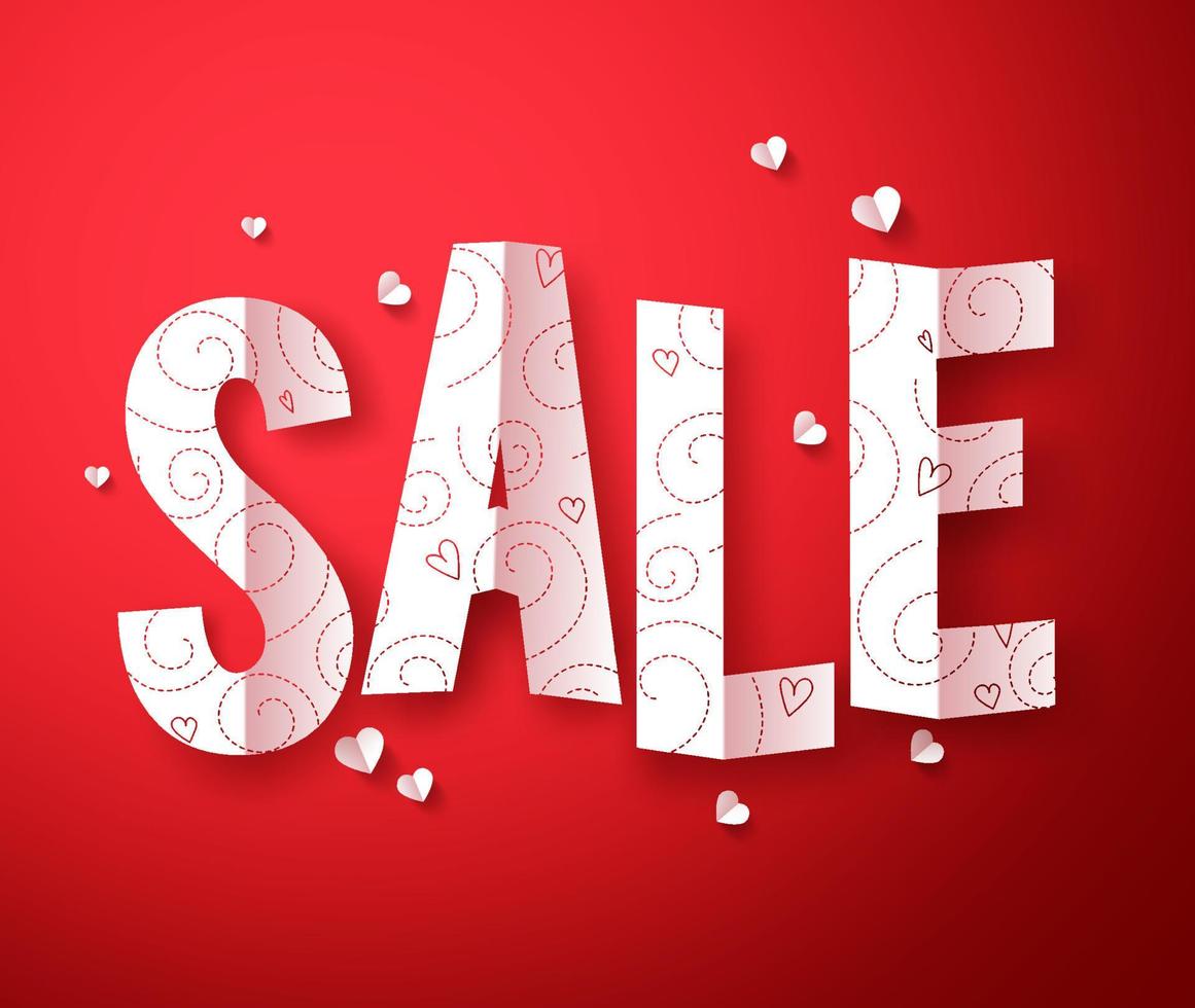Sale text in folded paper cut for valentines day discount promotion vector concept with heart shape elements in red background. Vector illustration.