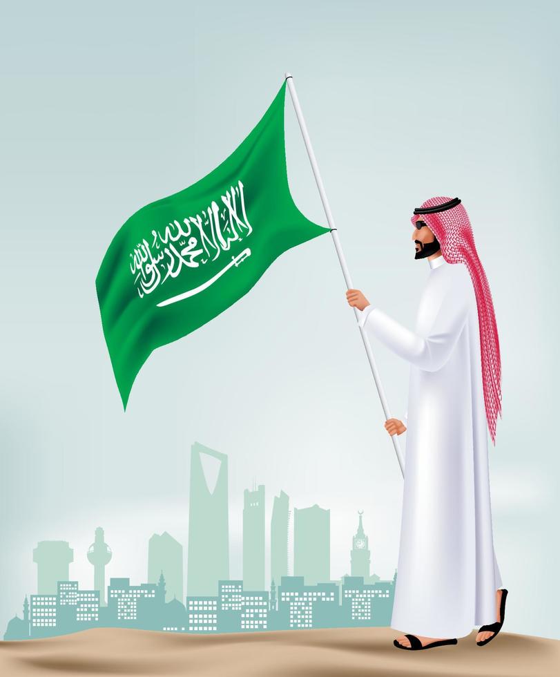 Saudi Arabia Man Holding Flag in the City. Editable Vector Illustration