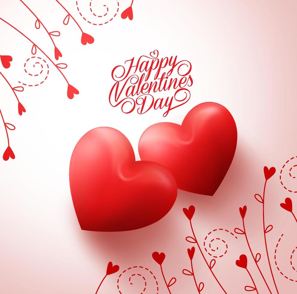 dos corazones rojos para los enamorados con un feliz día de San Valentín en fondo blanco con patrón de flores enredadera. ilustración vectorial vector