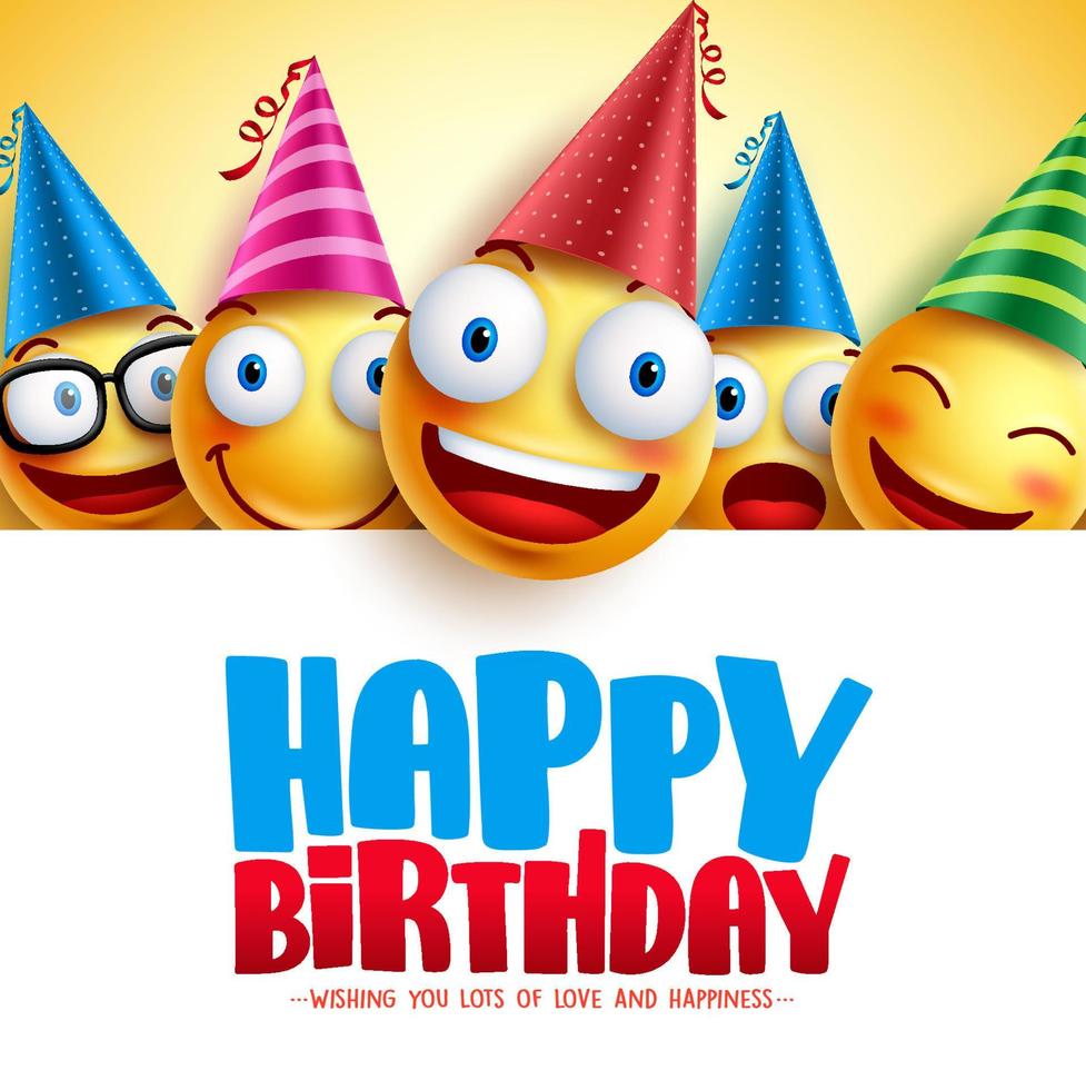 Diseño de fondo de vector de feliz cumpleaños con emoticonos amarillos divertidos y felices y texto de saludo de cumpleaños en fondo blanco vacío. ilustración vectorial.
