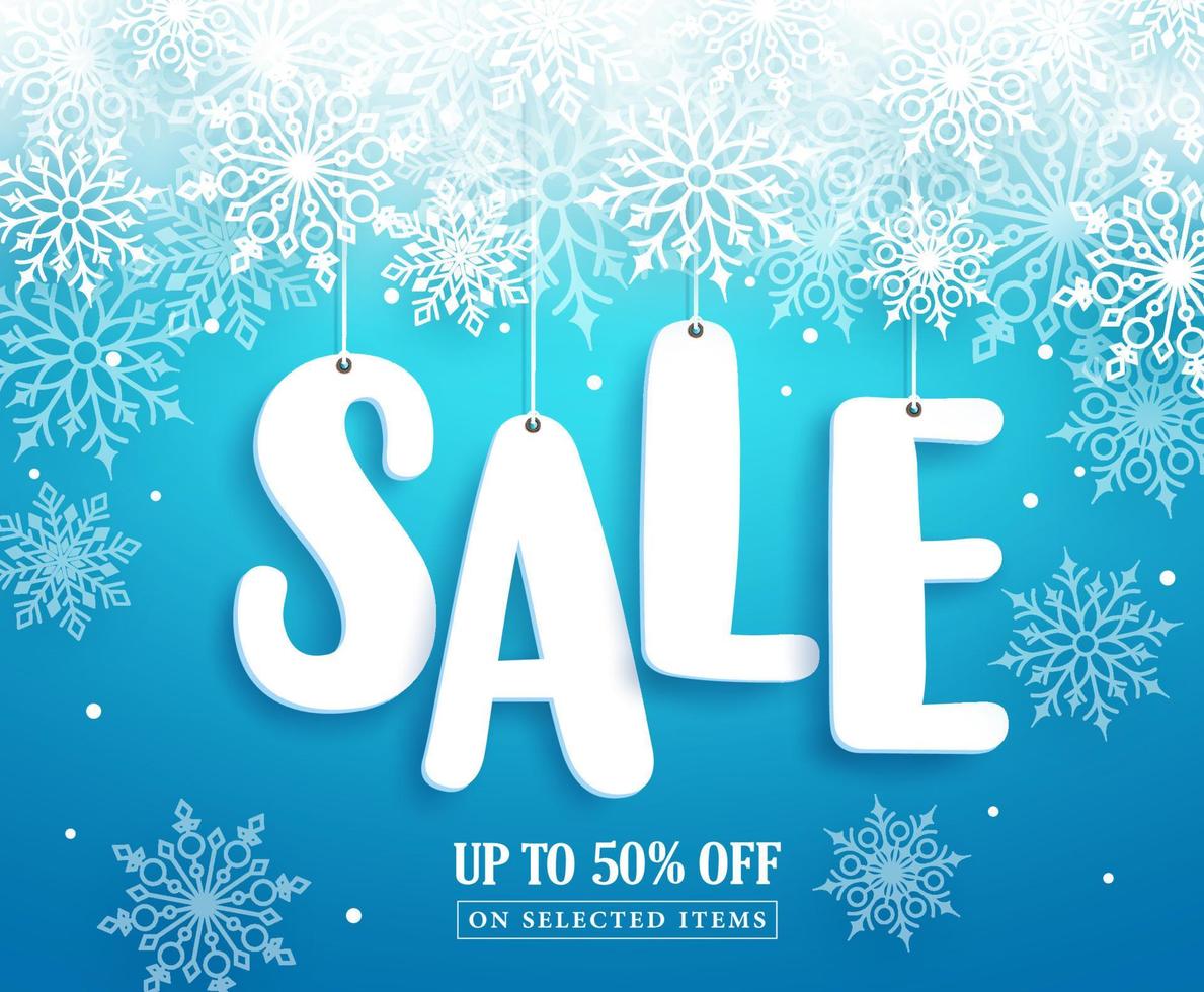 Diseño de banner de vector de venta de invierno con texto de venta cortado en papel colgando y nieve blanca en fondo azul para la promoción de temporada. ilustración vectorial.