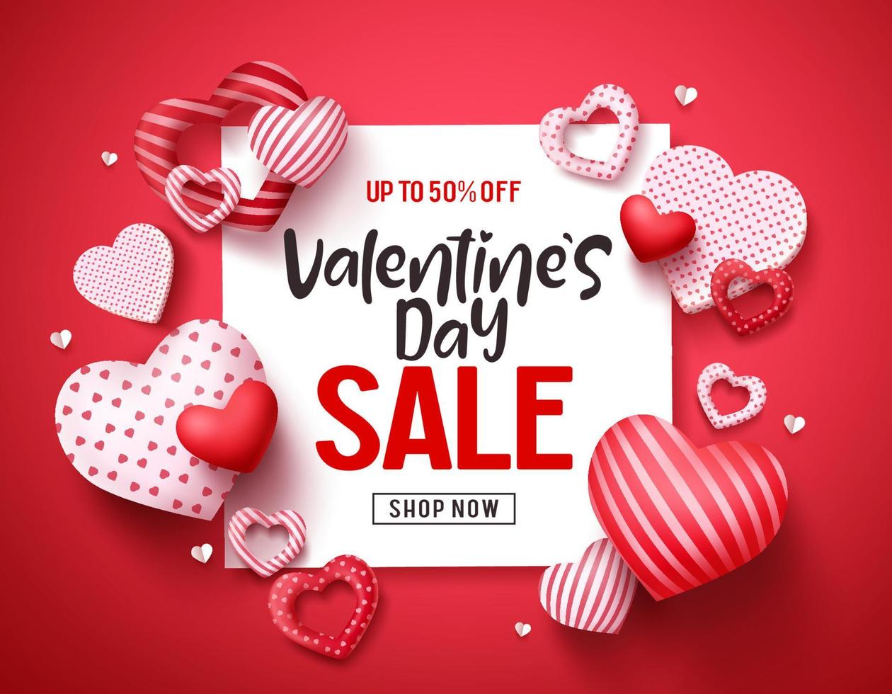 Valentines sale vector banner template. Valentines day store discount promotion with white space for text and hearts elements in red background. Vector illustration.