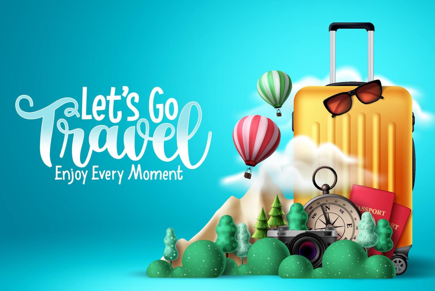 Travel vector design. Let's go travel text with traveler elements like luggage, passport, compass and camera for trip and tour international vacation. Vector illustration