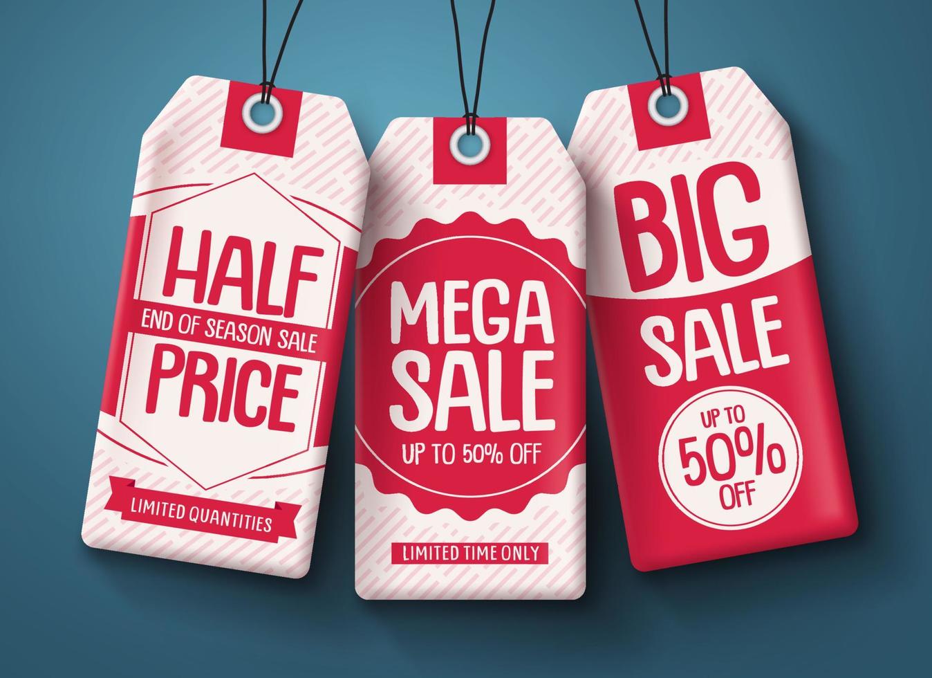 Sale tags vector set. White paper price tags with mega sale and discount text in red hanging for end of season retail shopping promotion. Vector illustration.