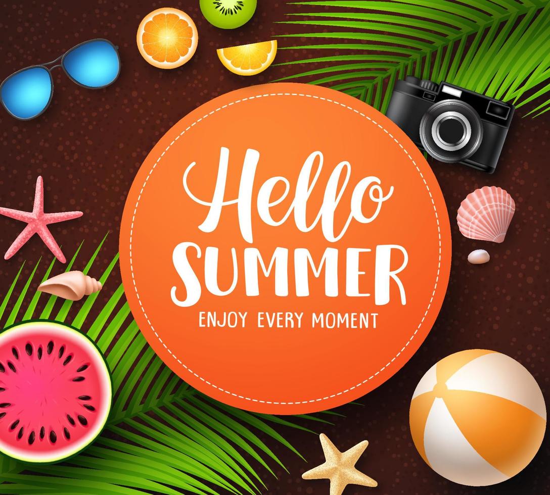 Hello summer vector banner template with greeting text in orange circle, palm leaves and beach elements in dark background. Vector illustration.