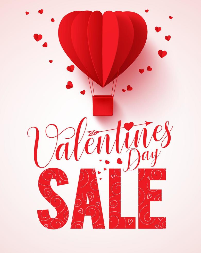 Valentines day sale text vector design for promotion with heart shape red hot air balloon flying with hearts in white background. Vector illustration.
