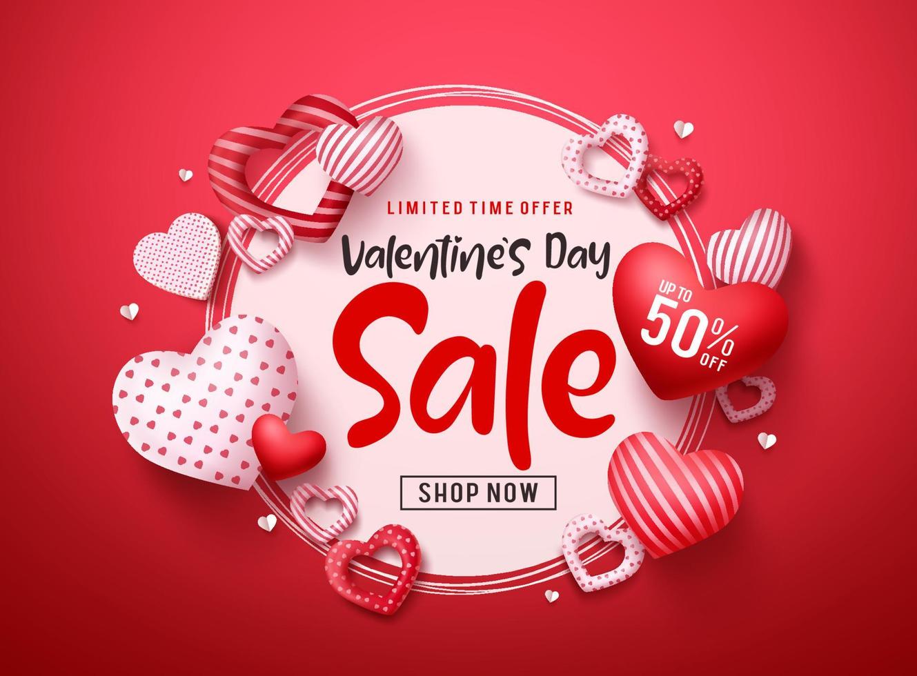 banner de vector de venta de día de San Valentín. Texto de promoción de venta del día de San Valentín con elementos de corazones y espacios en blanco sobre fondo rojo. ilustración vectorial.