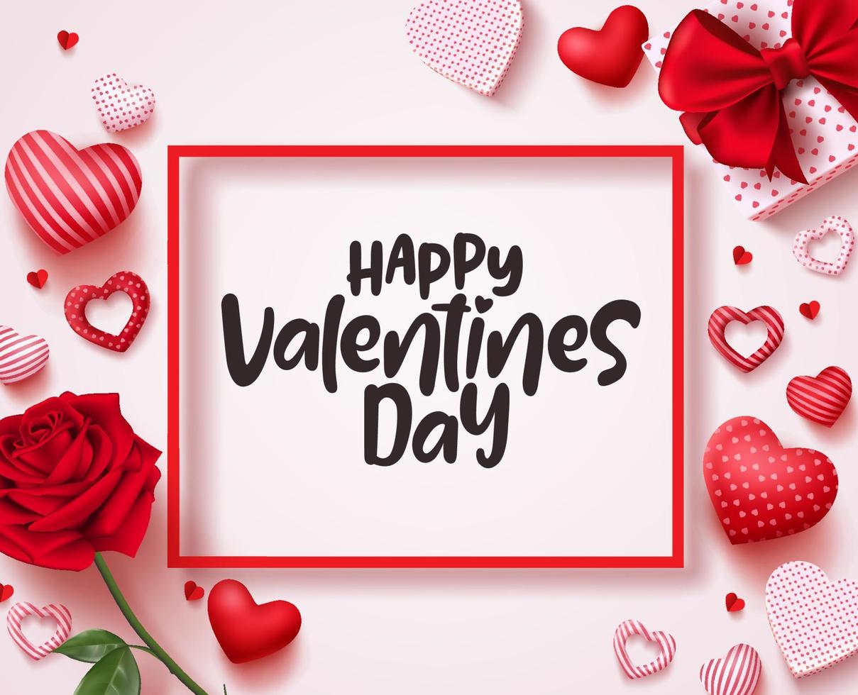 Diseño de banner de vector de feliz día de San Valentín con corazones, rosa y texto en fondo de textura de madera blanca. ilustración vectorial.