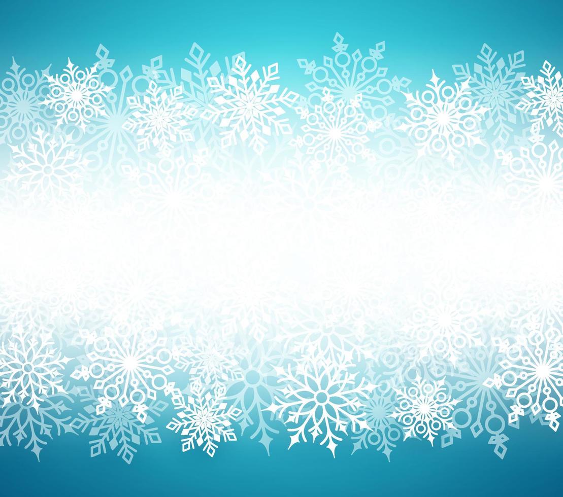 Fondo de vector de nieve de invierno con elementos de copos de nieve blanca en fondo azul y espacio en blanco blanco vacío para el mensaje. ilustración vectorial.