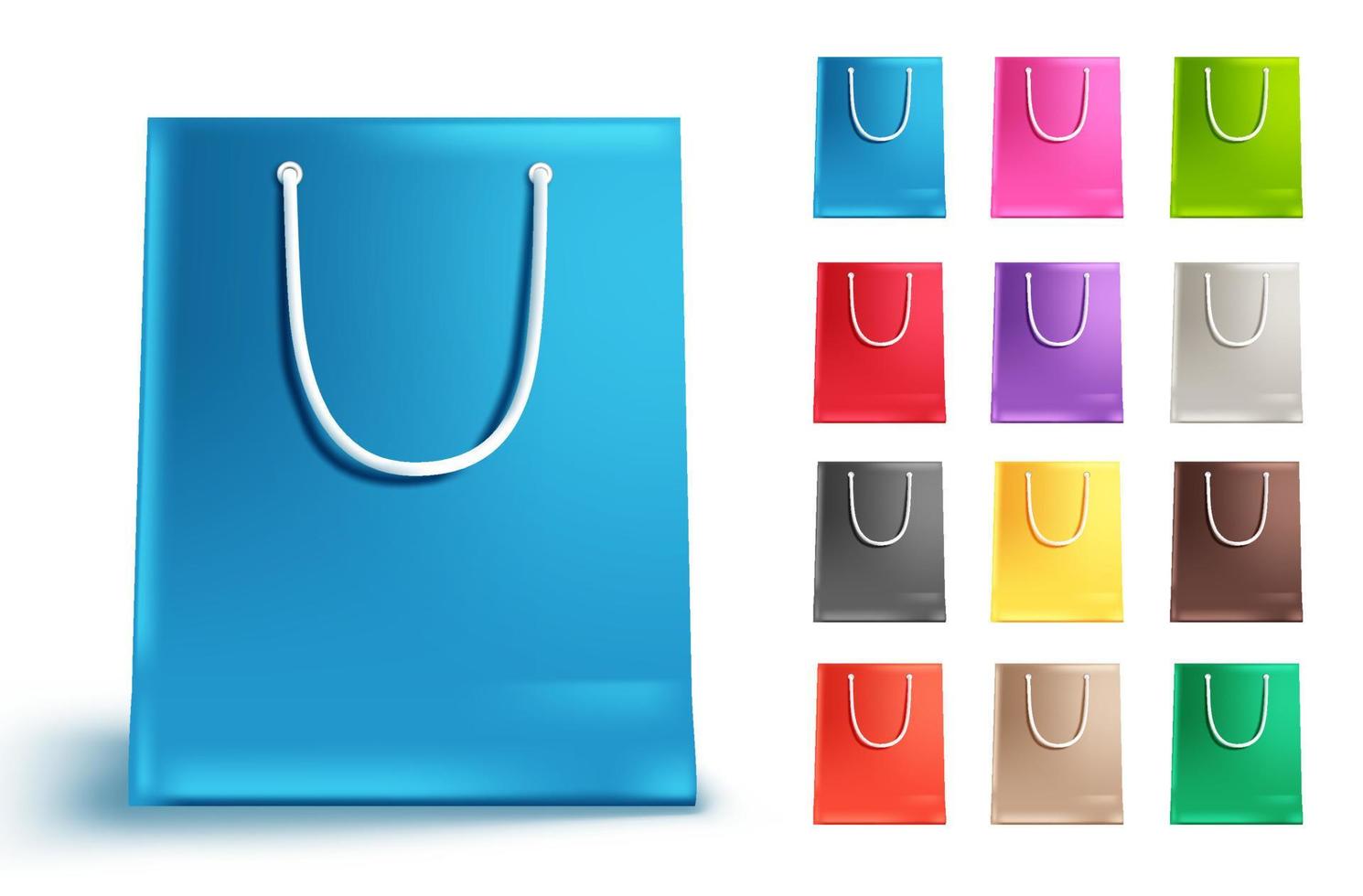 bolsas de compras conjunto de vectores aislado en blanco. colección de bolsas de papel de colores con azul y otros colores para compras y elementos de diseño de mercado. ilustración vectorial.