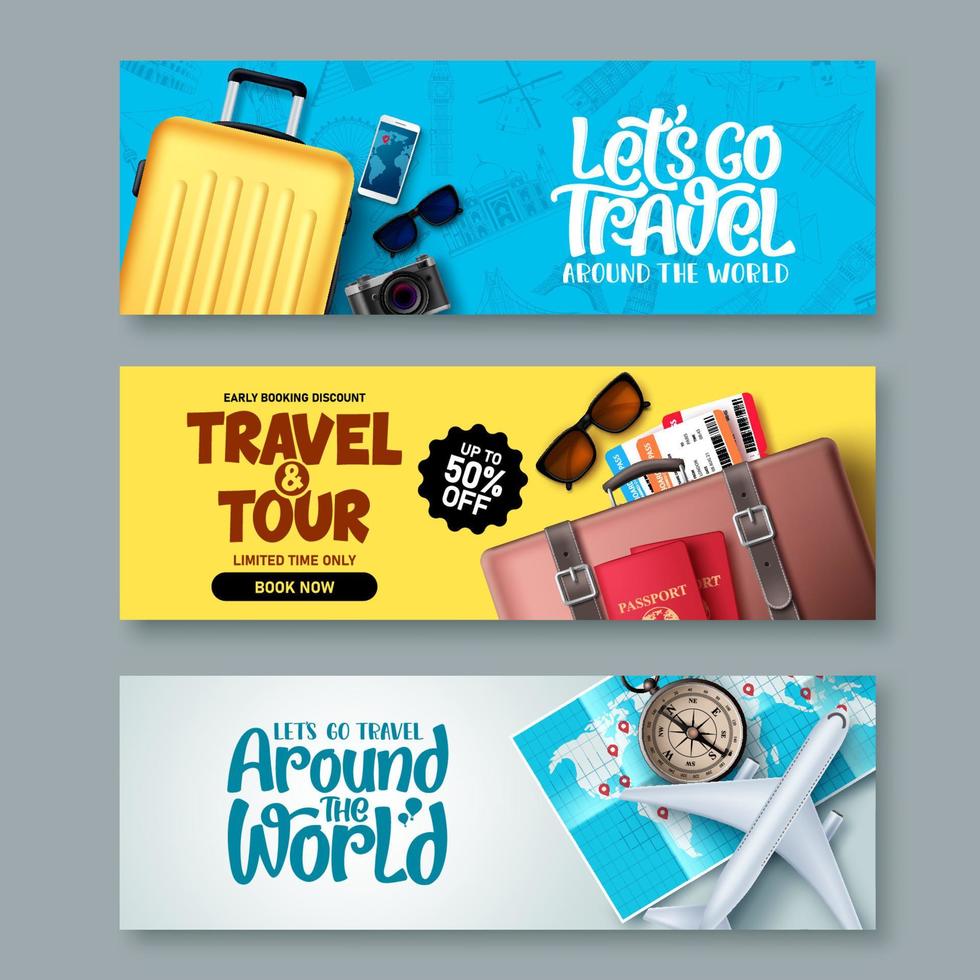 Travel banner set vector background template. Travel and tour banner collection with travel elements and tourist destinations and typography for promotions. Vector illustration.