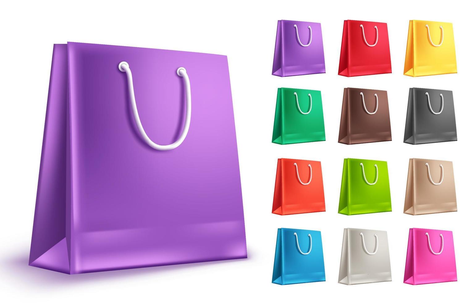 conjunto de vector de bolsa de papel vacía. bolsas de la compra de colores con violeta y otros colores aislados en blanco para la moda y el mercado minorista. ilustración vectorial.