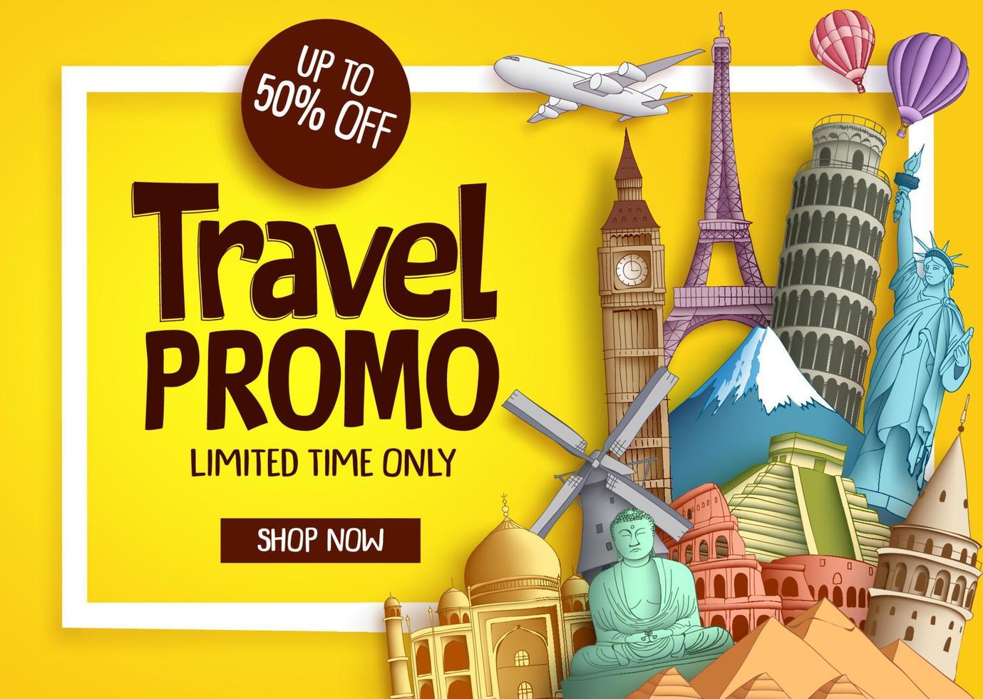 Travel promo vector banner template with discount text and famous tourist landmarks elements in a frame for travel and tour promotion. Vector illustration.