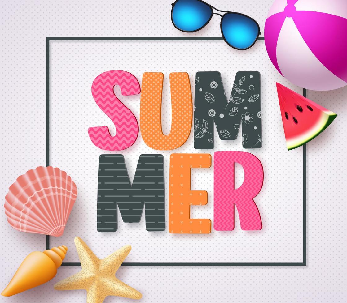 Diseño de banner de texto 3d de verano con patrones de colores y elementos de vacaciones de verano en la playa en un fondo de textura blanca y borde. ilustración vectorial. vector