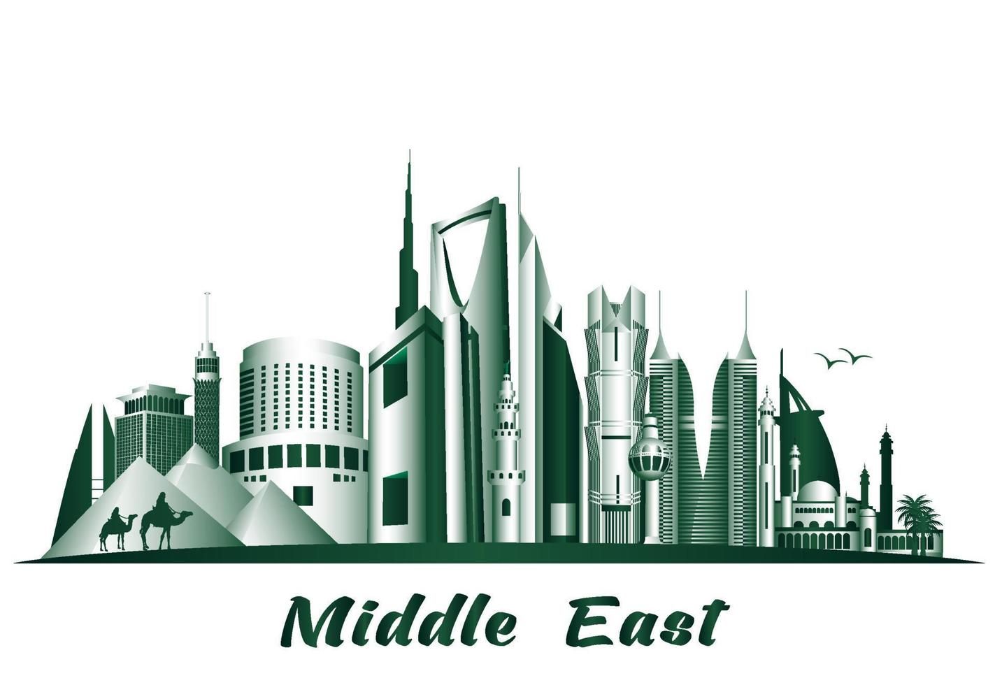 Cities and Famous Buildings in Middle East. Editable Vector Illustration
