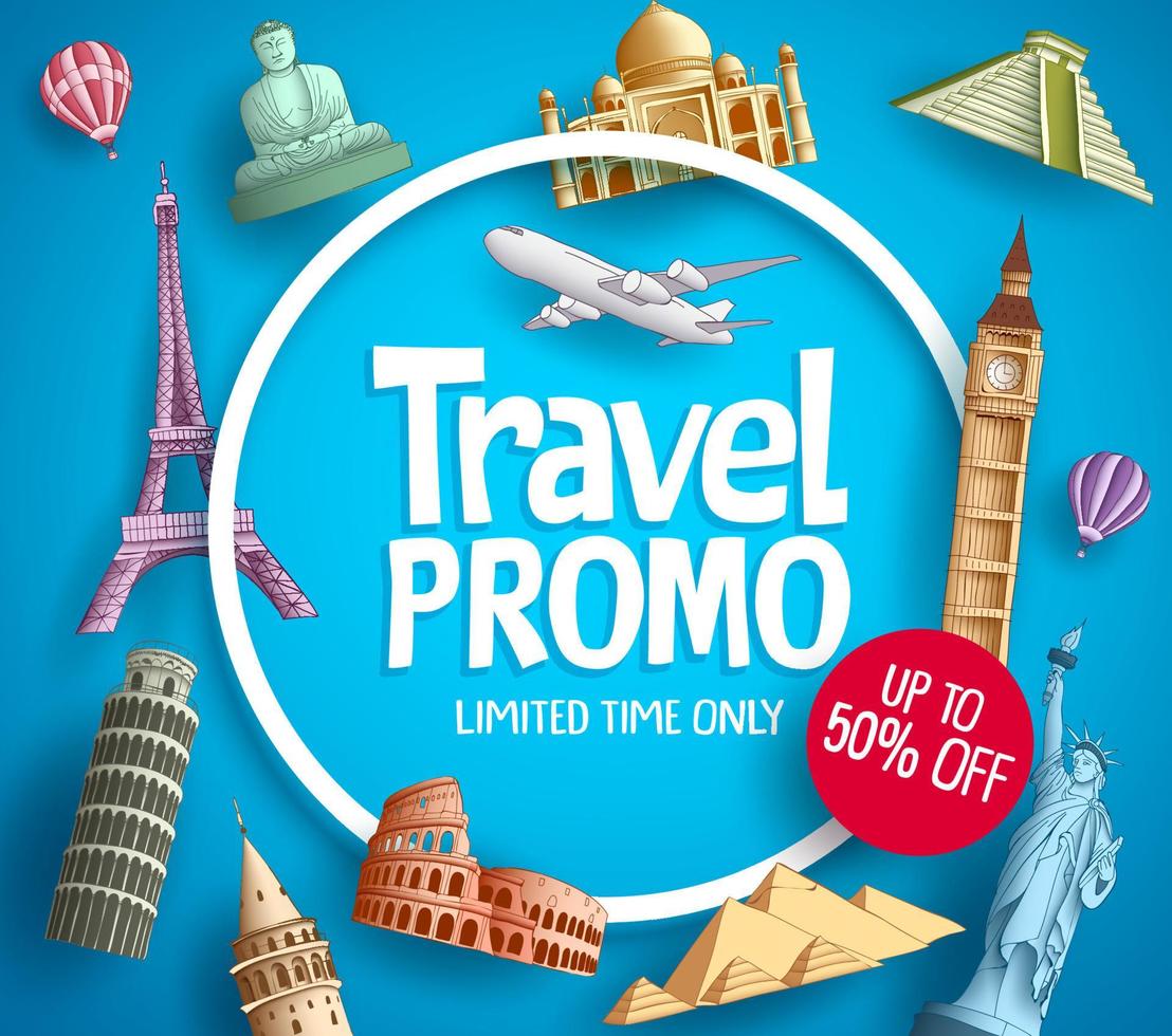 Travel promo vector banner promotion design with tourist destinations elements and discount text in blue background for travel agency template. Vector illustration.