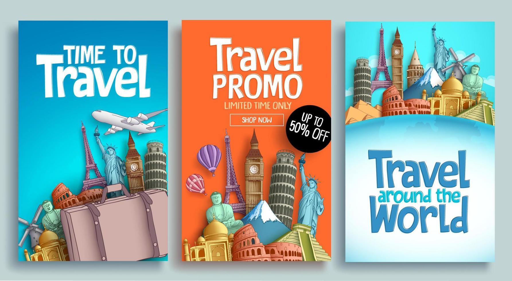 Travel poster set vector template design with promo text and world's famous landmarks and tourist destinations elements in colorful background. Vector illustration.